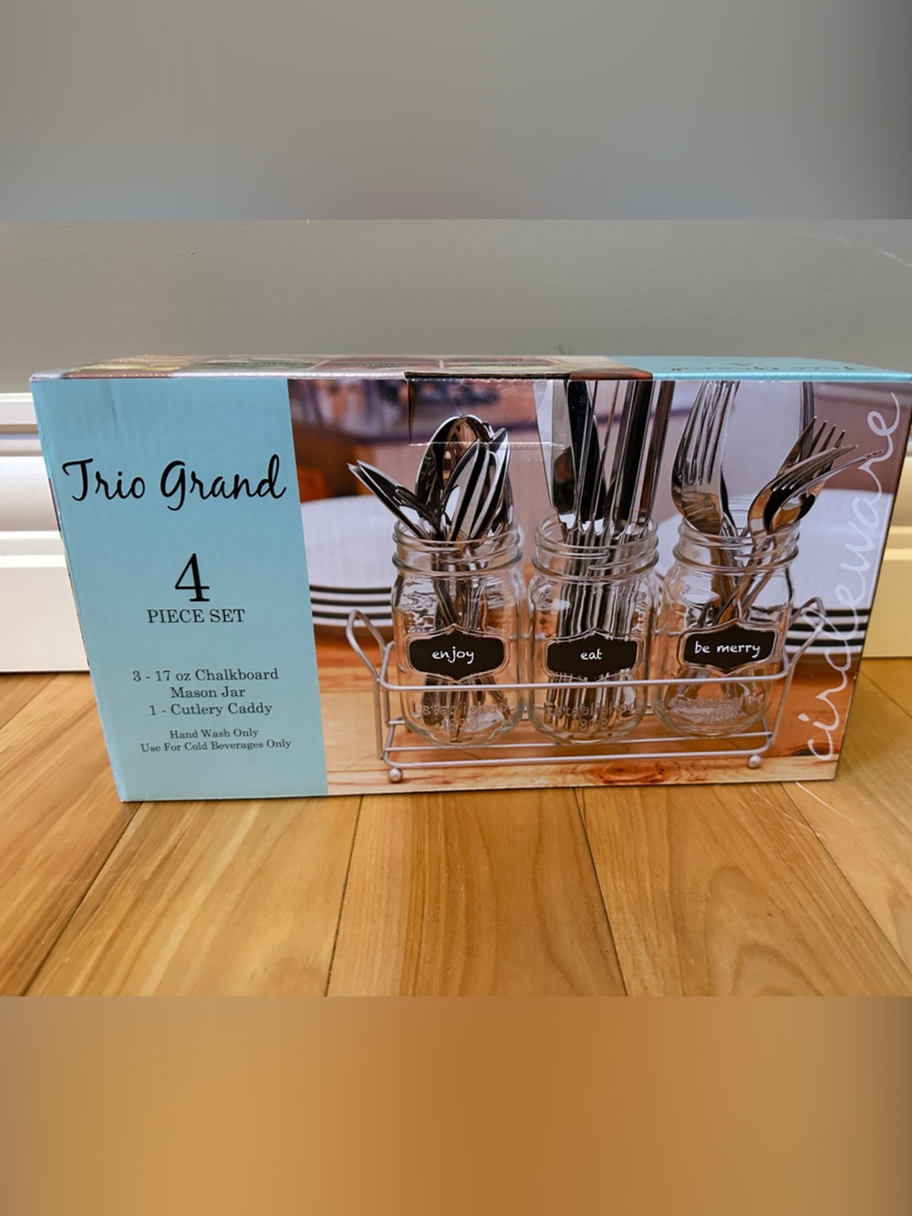 Glass Utensil Caddy Set with Chalkboard Labels - Light Blue